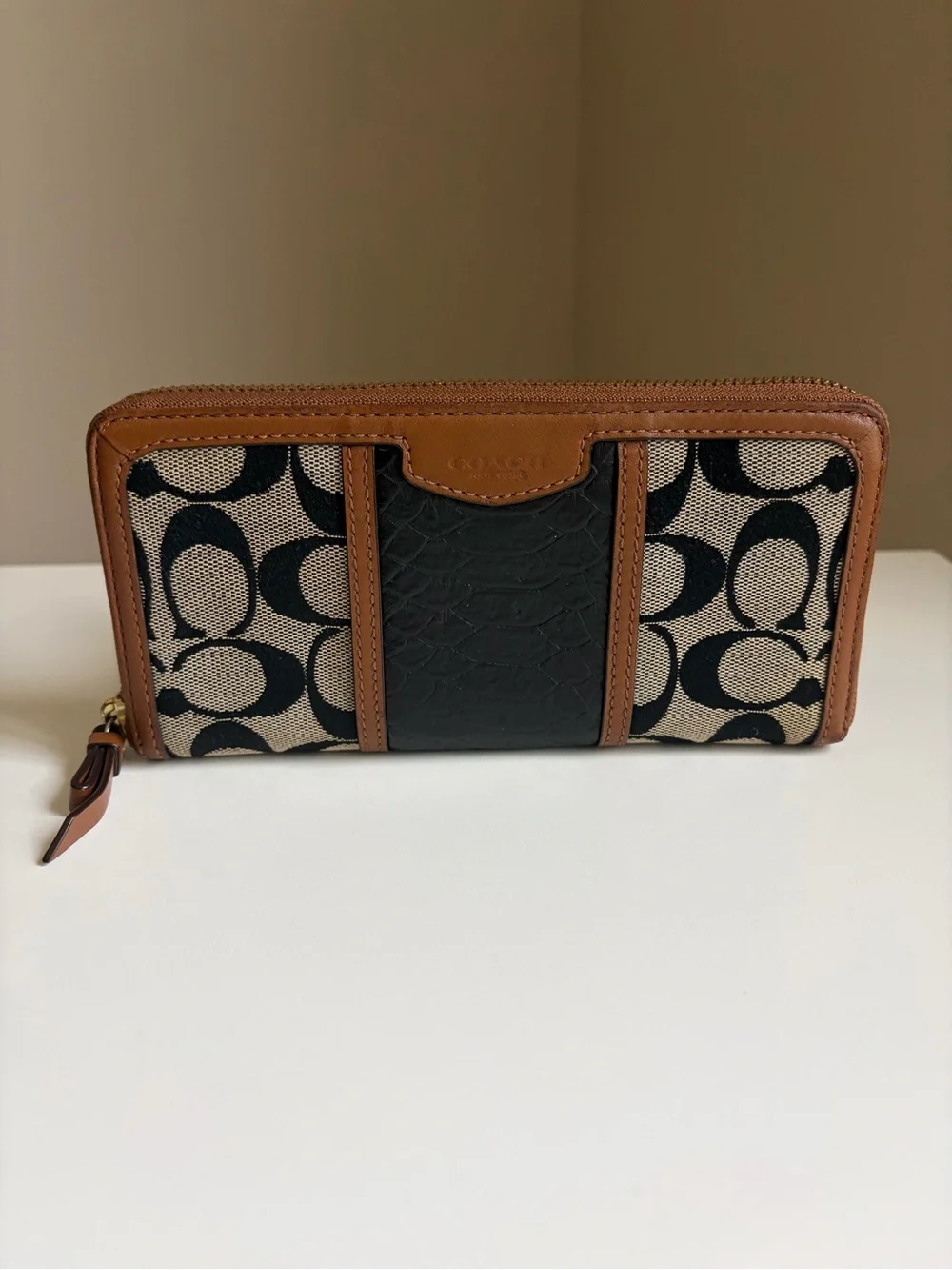 Coach Signature Canvas and Leather Zip Wallet in Brown/Black